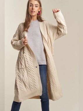 ADORA Ivory Cable Knit Long Cardigan Sweater with Pockets New